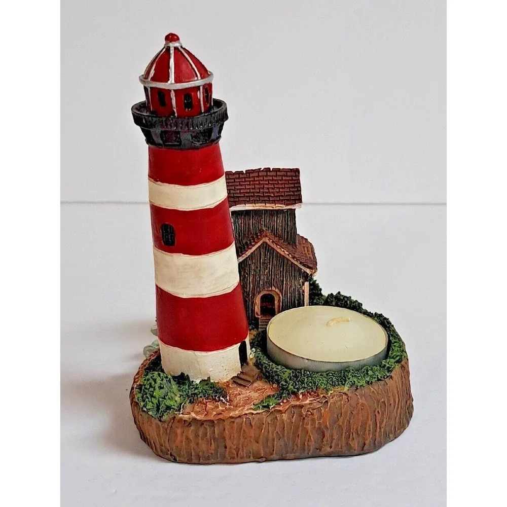 Giftco Lighthouse Cove Polyresin Candle Holder Red White Coastal Decor Tealight
